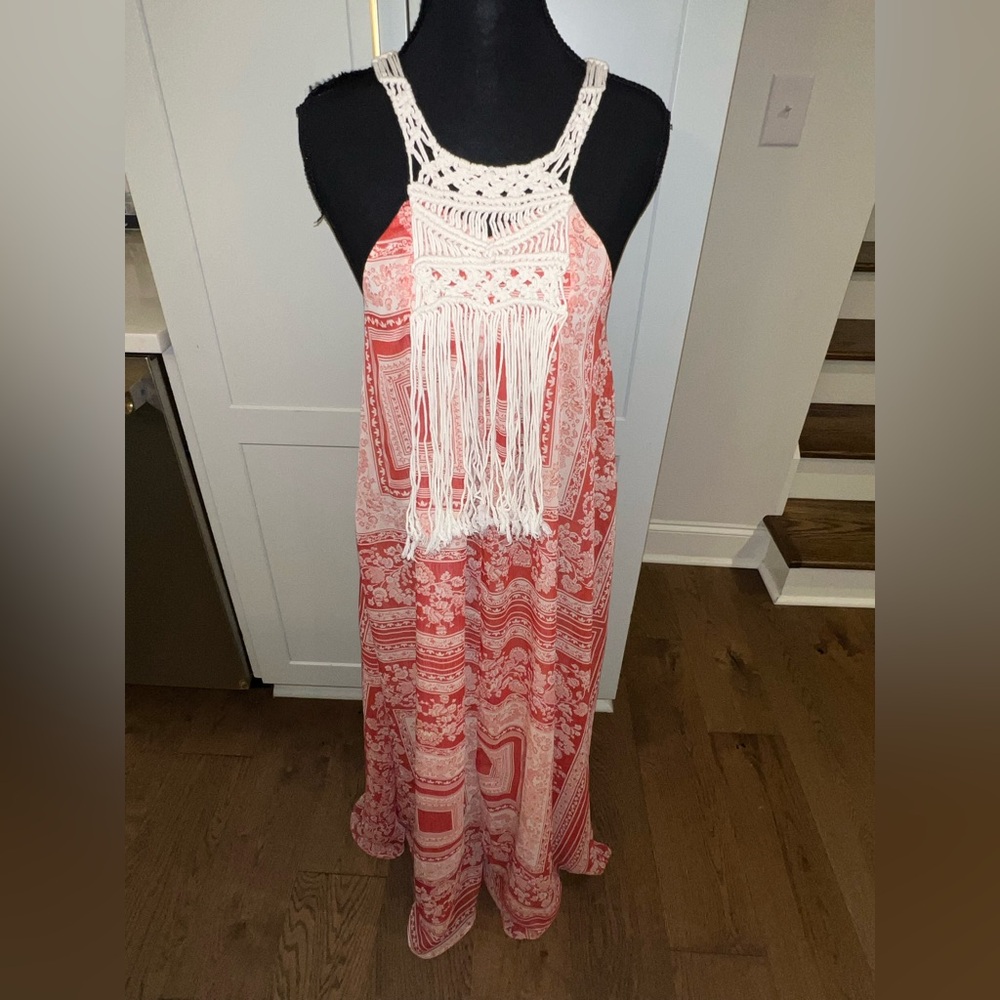 Zara Coral Patterned Maxi Dress with White Crochet Fringe M-L